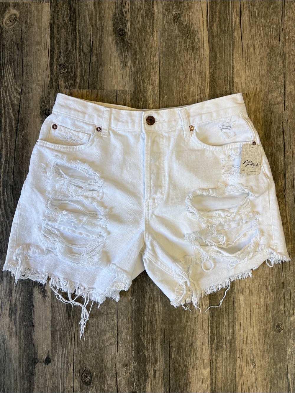 Free People White Distressed High-Rise Denim Shorts. Size 26